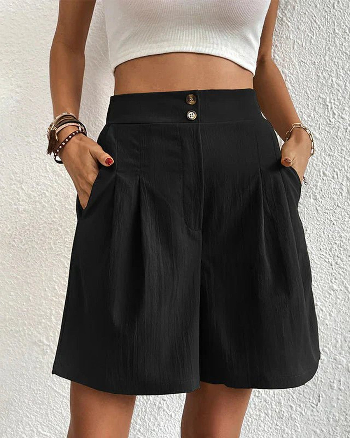 Blair High Waist Pleated Shorts for Women - Pocket Knee Length Summer Shorts - Black