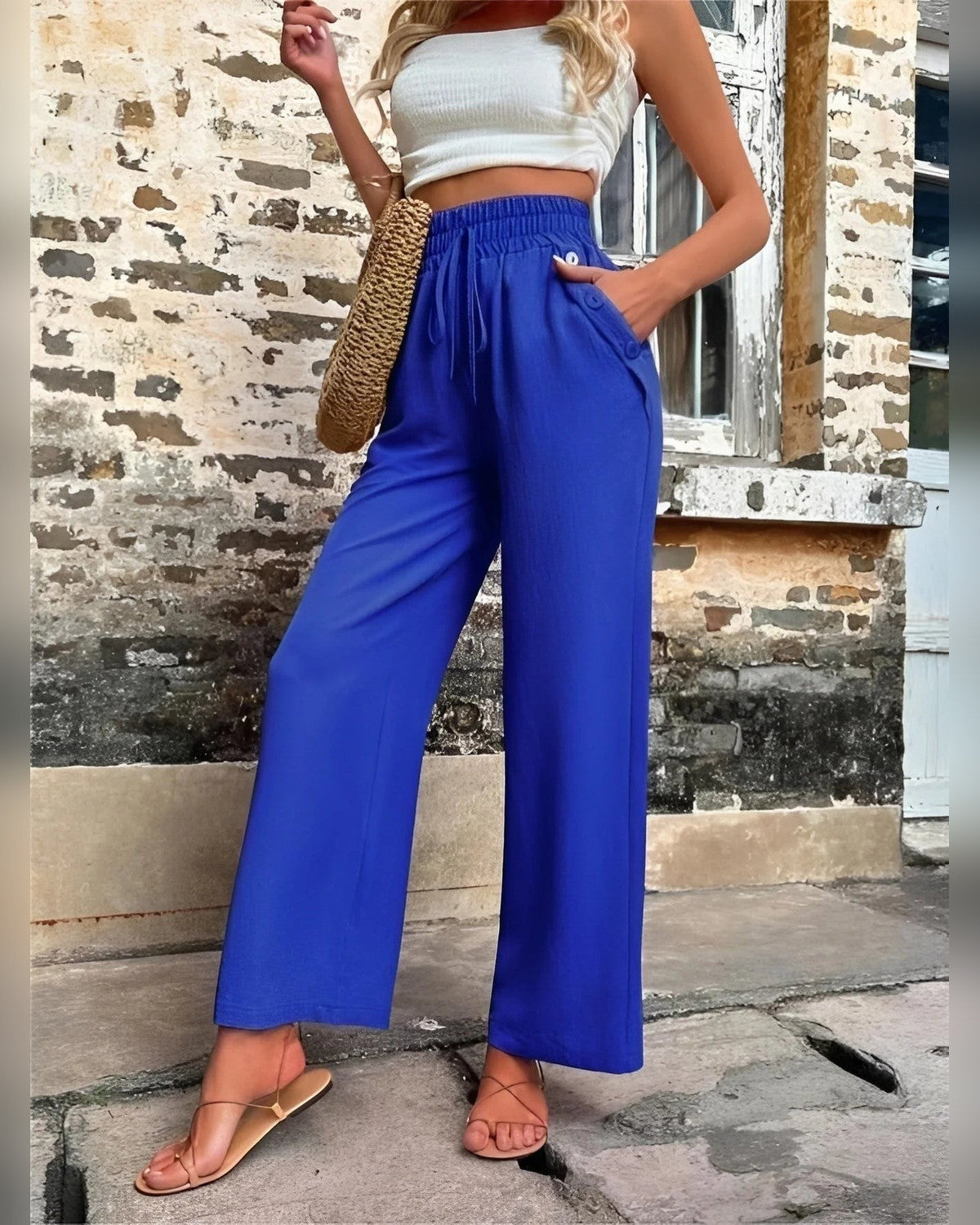 Carol High Waist Wide Leg Pants for Women - Drawstring Waistband Summer Pants - Blue