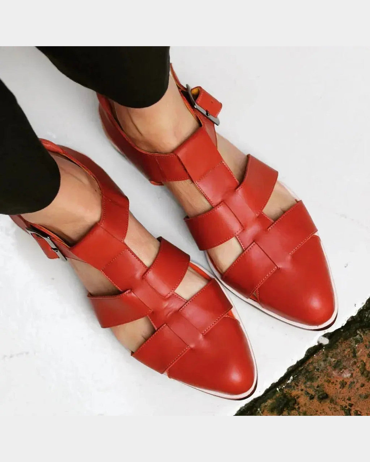 Dulcie Woven Flat Sandals for Women - Buckle Strap Summer Sandals - Red