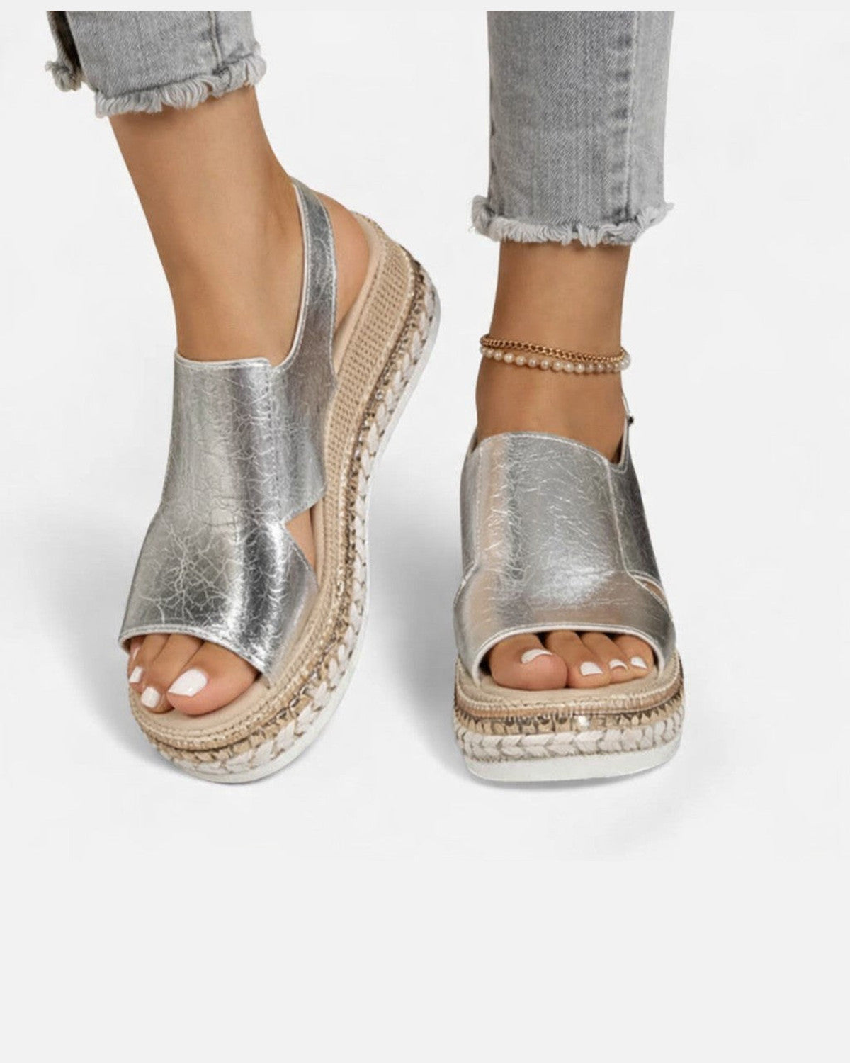 Lisbet Metallic Sandals for Women - Espadrille Platform Wedge Summer Sandals - Silver