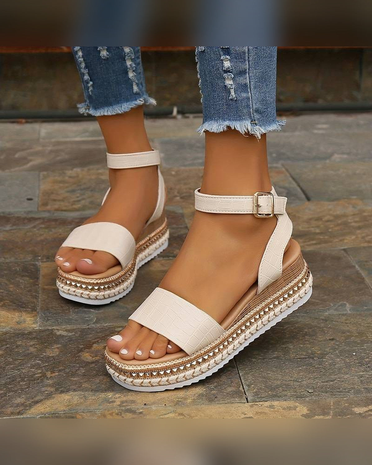 Nell Platform Ankle Strap Sandals for Women - Textured Sole Summer Sandals - Cream