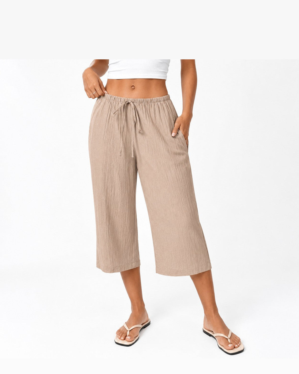 Romy Cropped Trousers Wide Leg Pants for Women - Relaxed Fit Summer Pants - Khaki