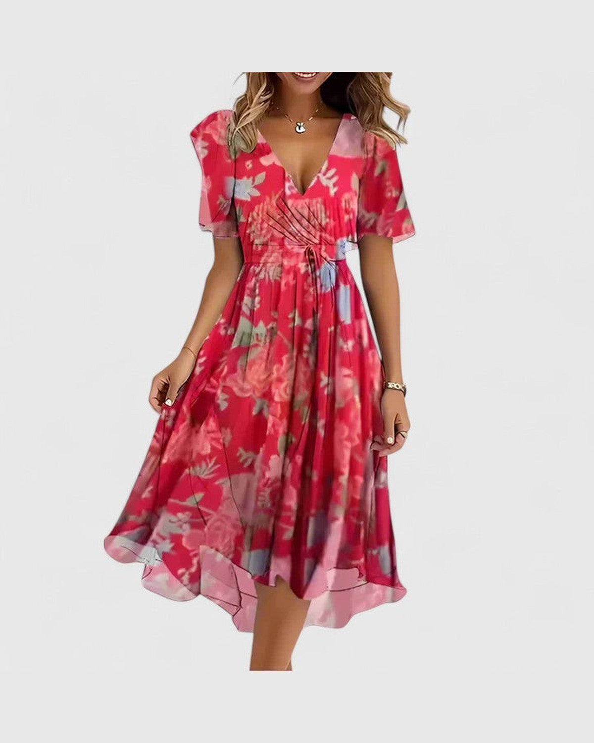 Roxane Floral Neck Midi Dress for Women - Summer Dress - Red