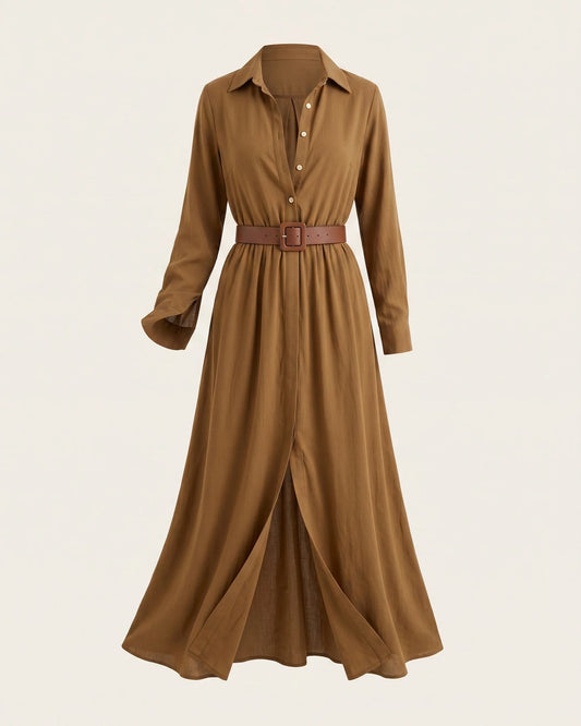 Amelia Belted Long Sleeve Maxi Dress — front clean