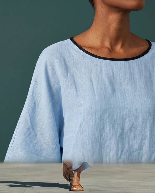 Anila Linen Two-Piece Set for Women - Short Sleeve Top & Cropped Wide Leg Pants Summer Set - Sky Blue — neckline and piping detail