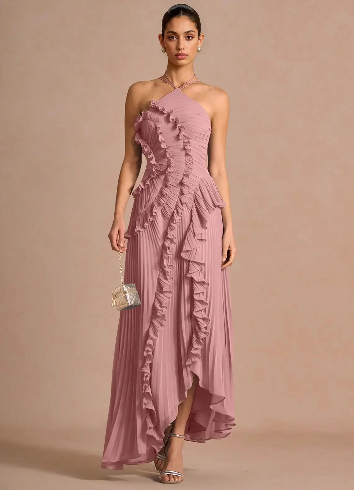 Aurore Ruffled Halter Maxi Dress — front angle