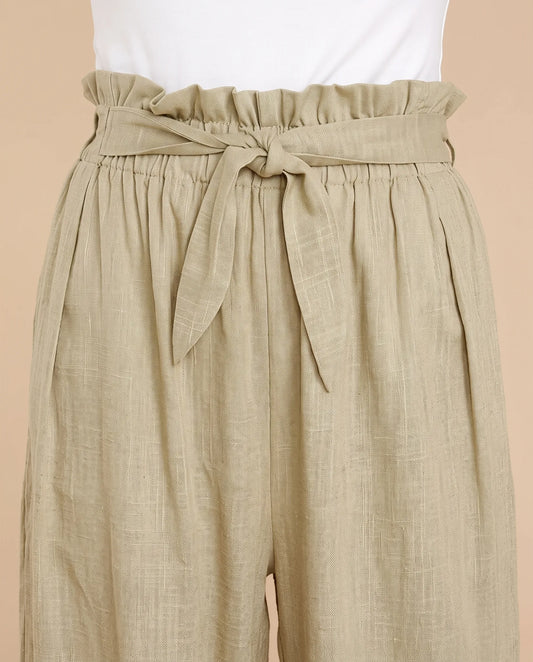 Celeste High Waisted Wide Leg Pants for Women - Belted Linen-Look Summer Pants - Khaki — paperbag waist and tie detail