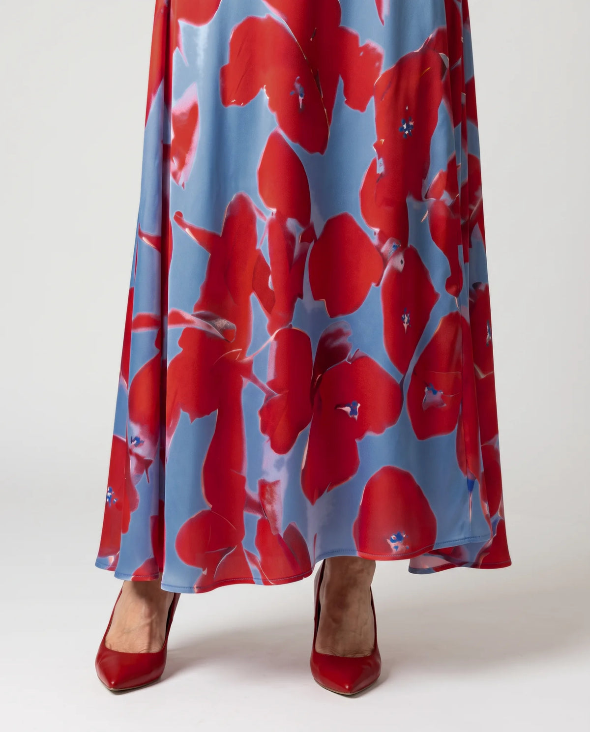 Celine Cross Wrap V-Neck Maxi Dress for Women - Three-Quarter Sleeve Summer Dress - Red — fabric print close-up