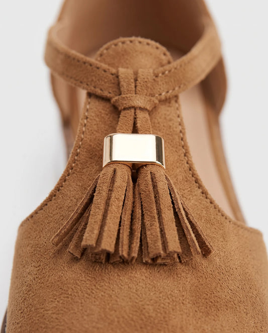 Cleo Backless Mule Sandals for Women - Tassel Flat Summer Sandals - Brown — tassel detail