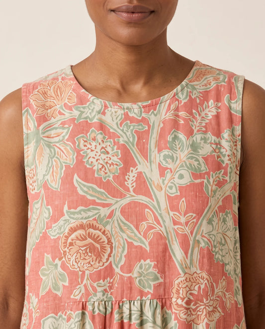Emmanuelle Sleeveless Floral Midi Dress for Women - Print Relaxed-Fit Summer Dress - Coral Pink — neckline detail