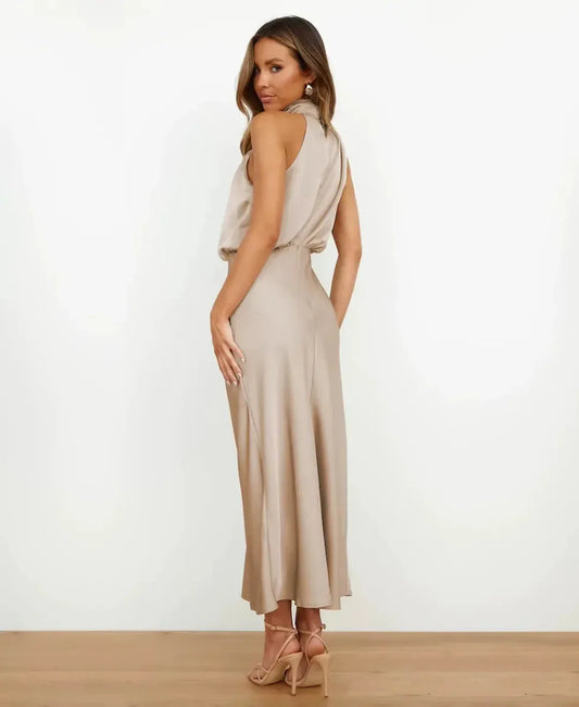 Marthe Halter Neck Satin Midi Dress — back view