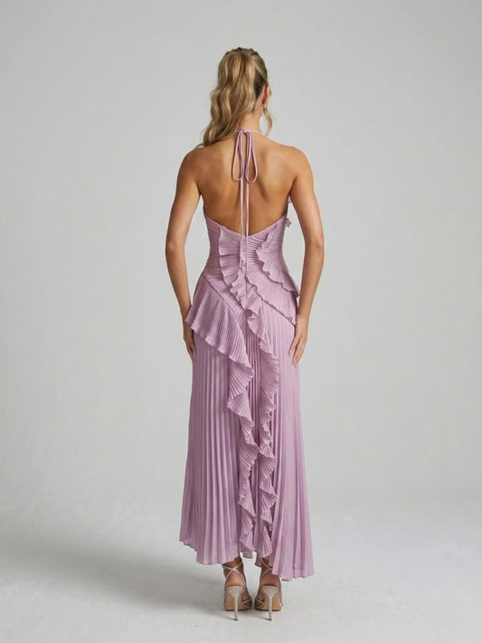 Giselle Pleated Ruffle Halterneck Maxi Dress — back, open back and halter tie