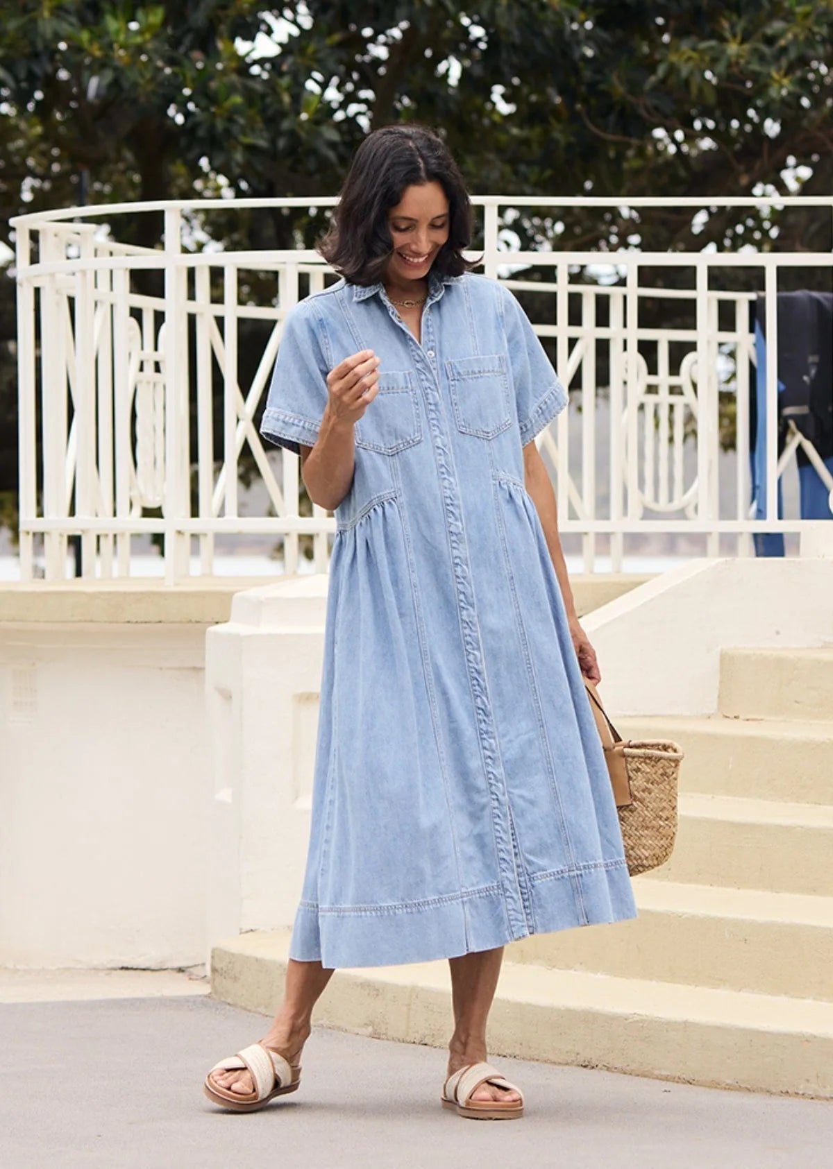 Lorelei Denim Shirt Dress — front, three-quarter