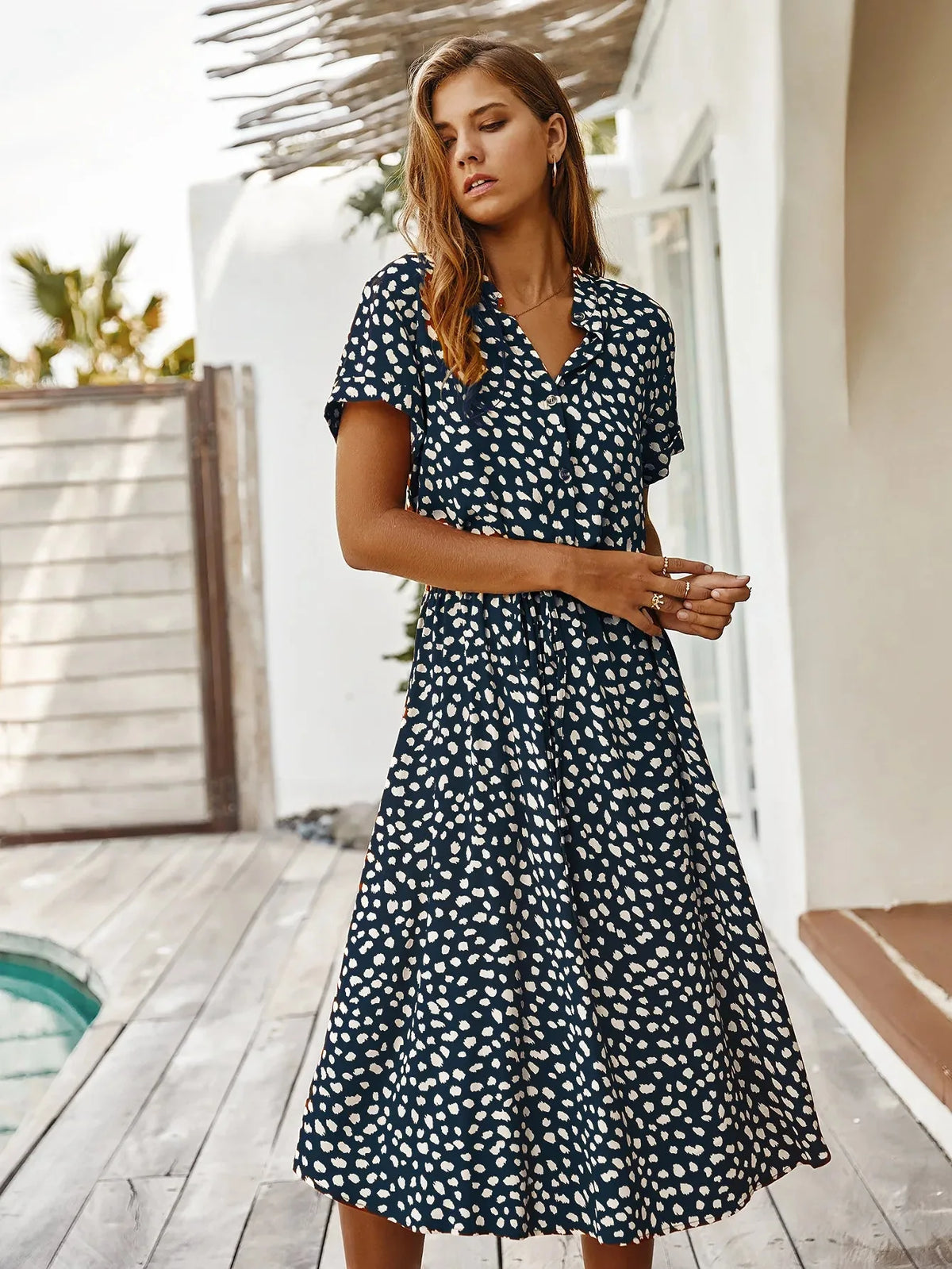 Prudence Printed Shirt Dress — front, buttons and tie waist