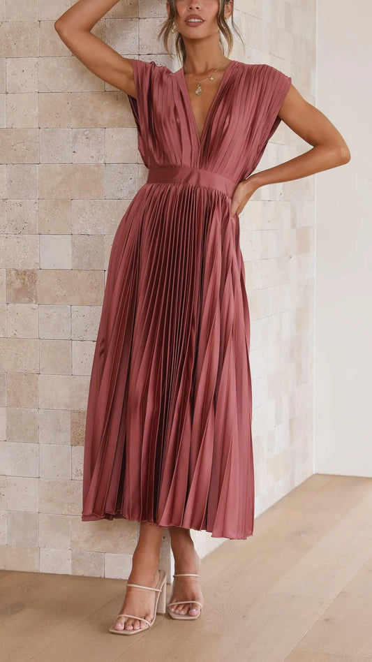 Tamsin Pleated V Neck Midi Dress — front, close