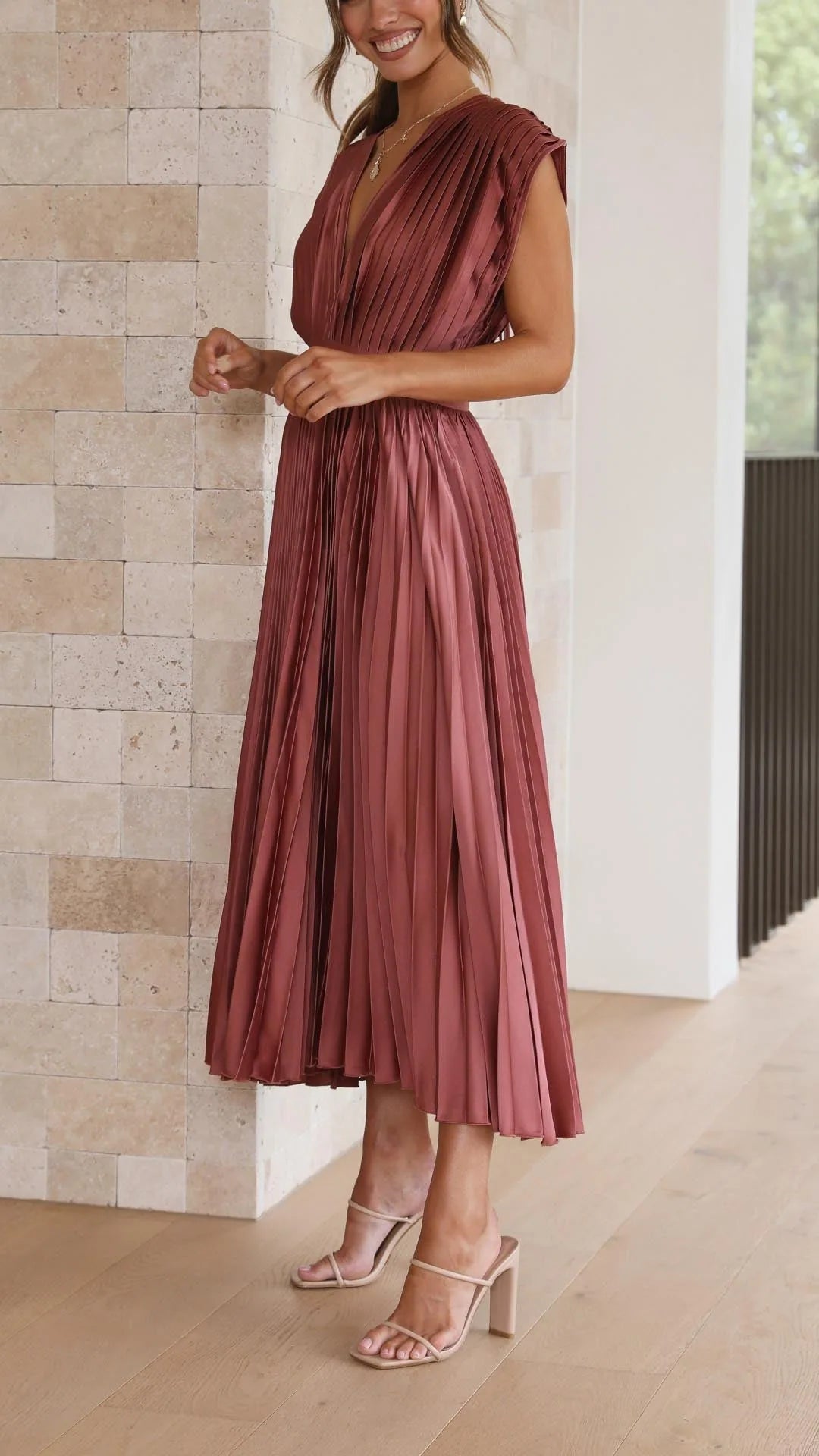 Tamsin Pleated V Neck Midi Dress — front, three-quarter