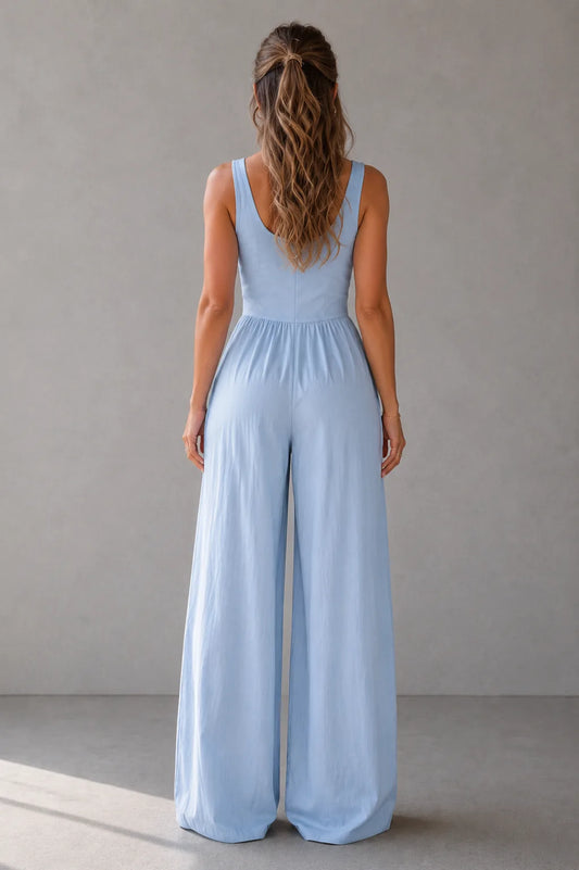 Yrsa Wide Leg Jumpsuit — back, low scooped neckline