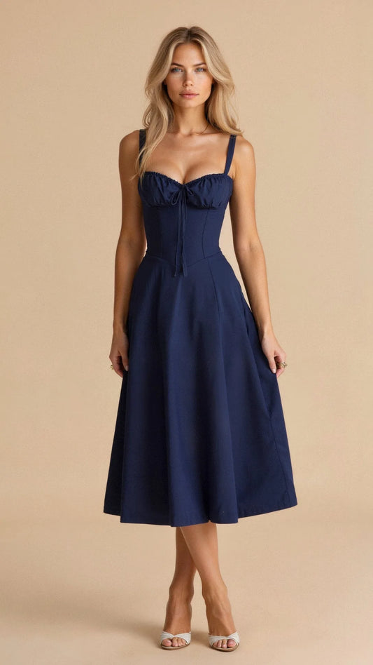 Francine Corset Bodice Midi Dress – Navy – front