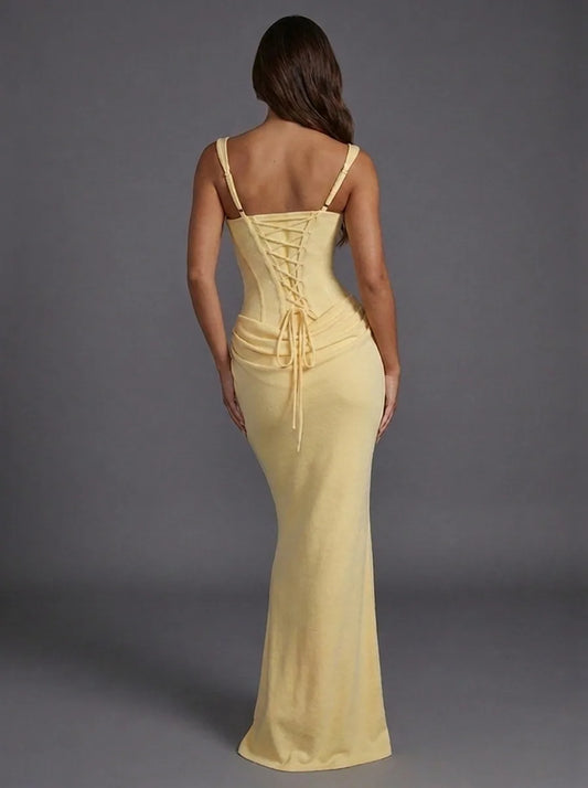 Rhiannon Corset Satin Maxi Dress – Yellow – back