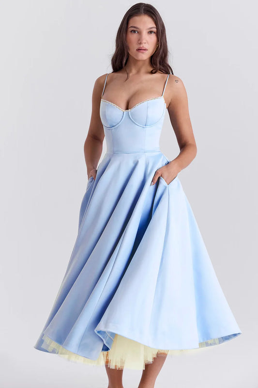Violaine Corset Tulle Midi Dress – Blue – back