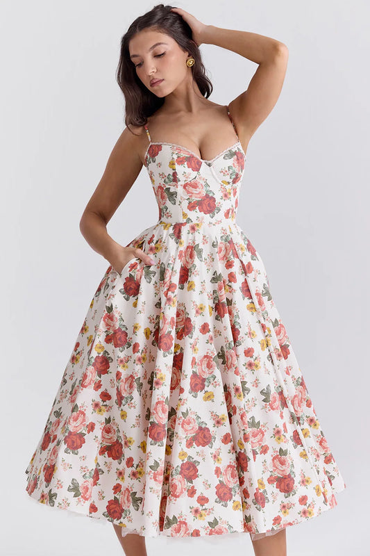 Violaine Corset Tulle Midi Dress – Floral – front, alternate view
