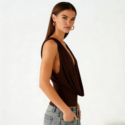 Ophelie Draped Cowl Neck Top – Dark Brown – side