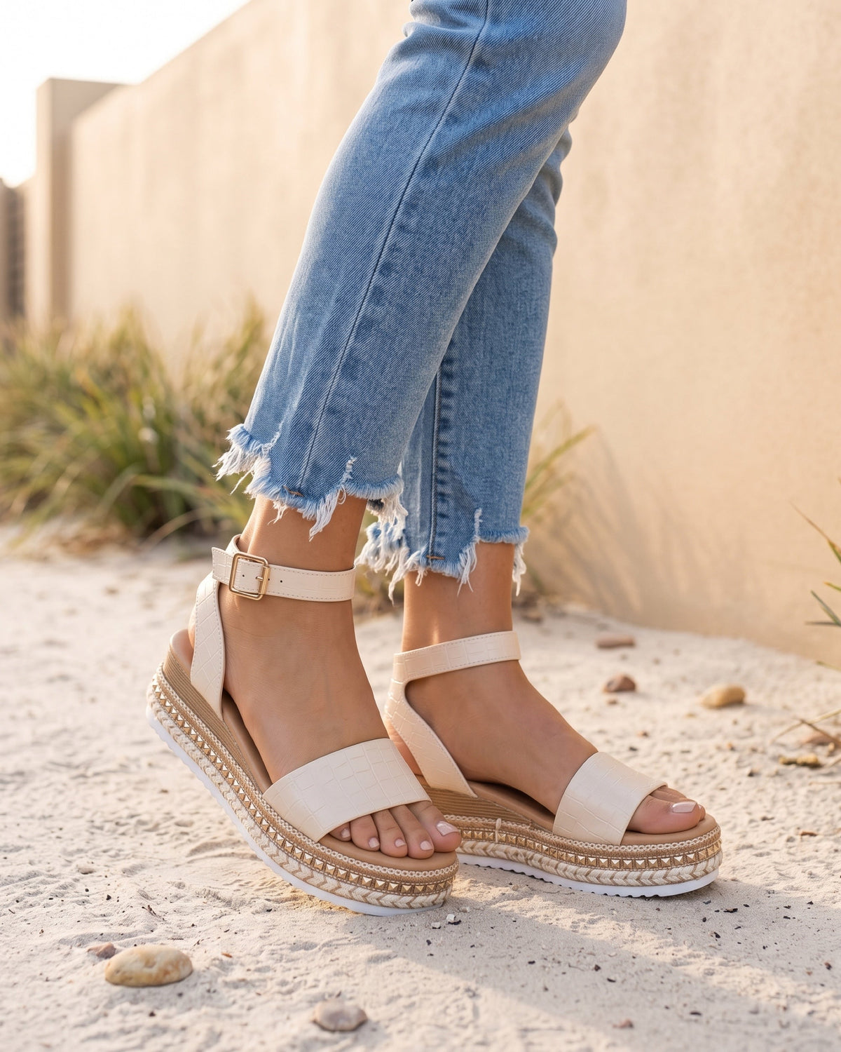 Platform Ankle Strap Sandals for Women - Textured Sole Summer Sandals - Apricot — Sereine Shoes