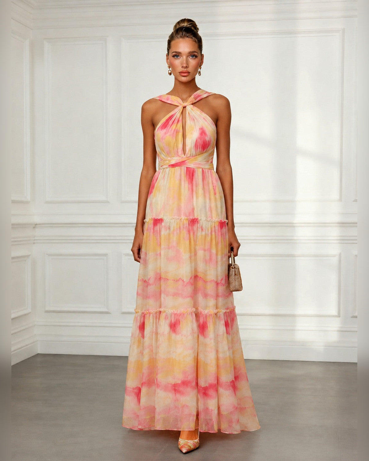 Adaeze Watercolour Print Maxi Dress for Women - Halter Neck Sleeveless Summer Dress - Pink