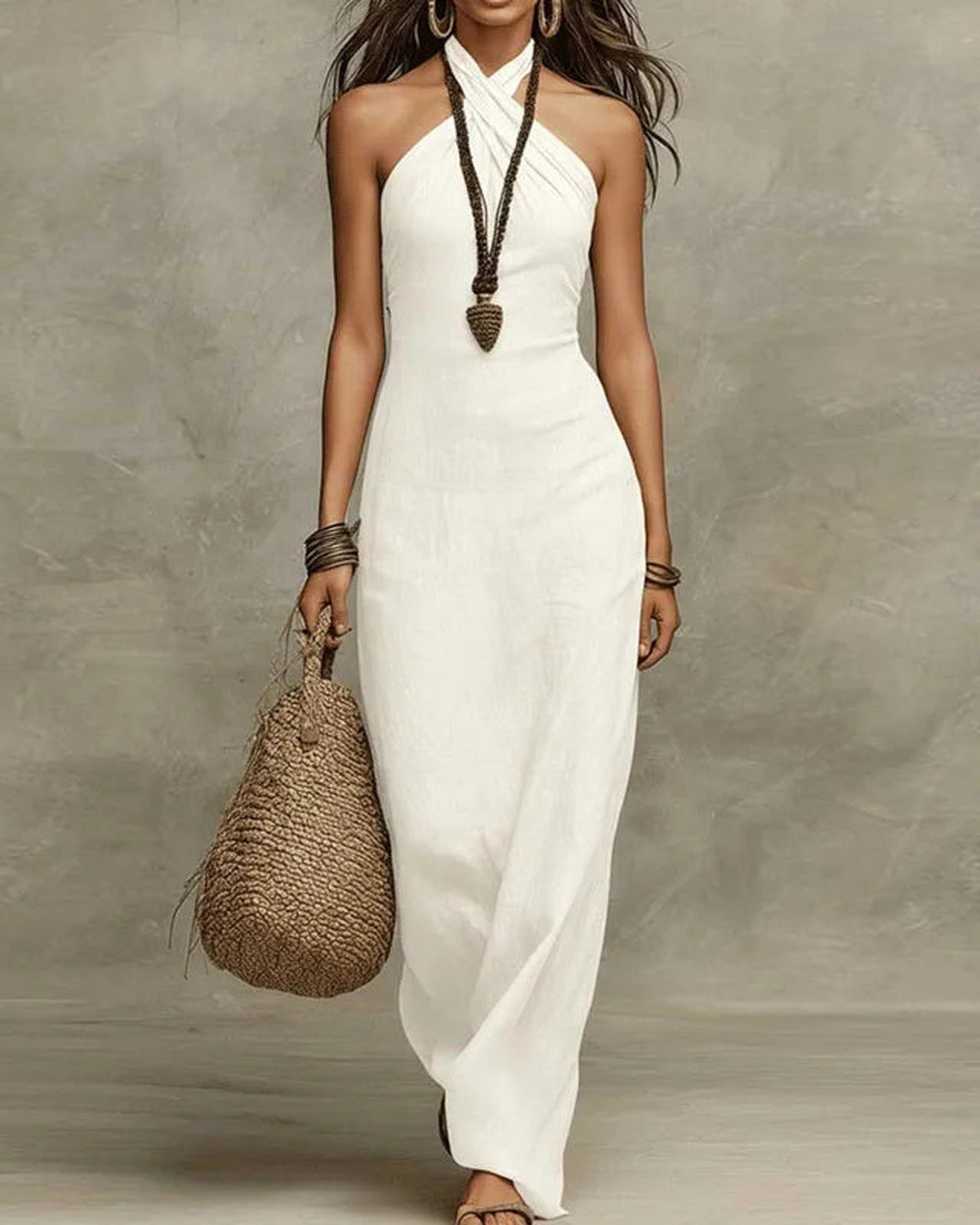 Adele Bohemian Dress for Women - Halter Linen Summer Dress - White