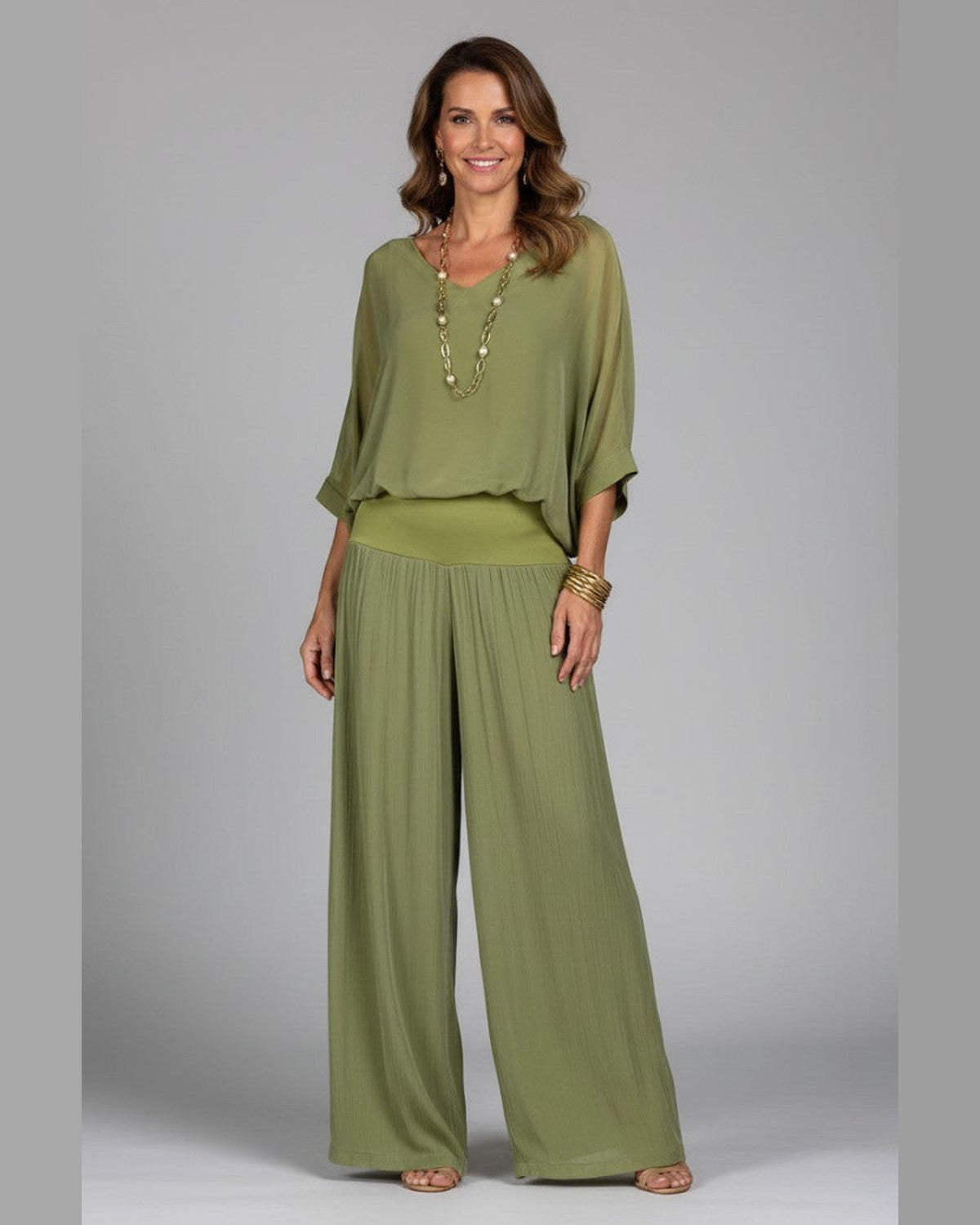 Adeline Draped Wide-Leg Two Piece Set for Women - Summer Set - Green