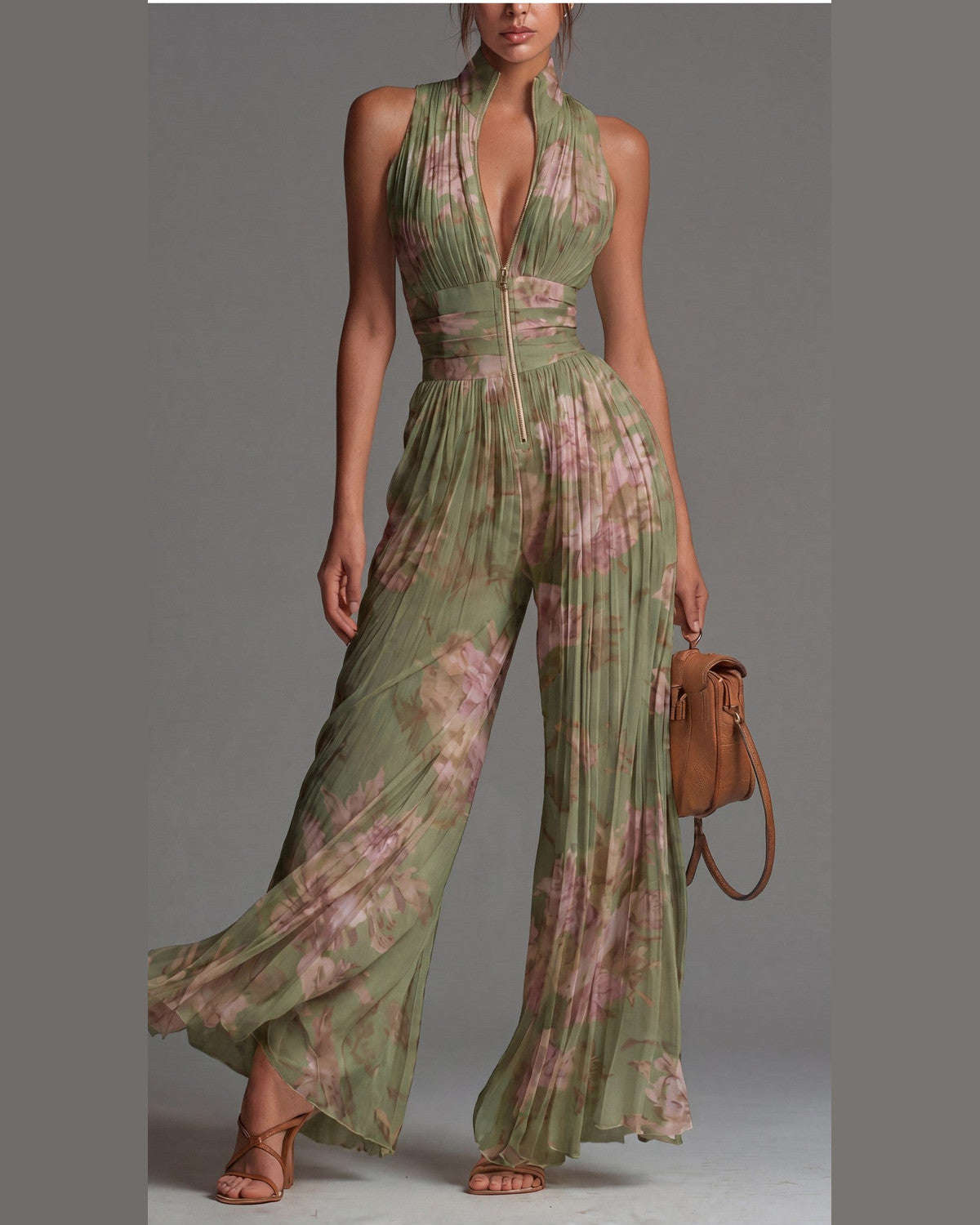 Aileann Floral Pleated Jumpsuit for Women - Chiffon Summer Jumpsuit - Green