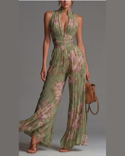 Aileann Floral Pleated Jumpsuit for Women - Chiffon Summer Jumpsuit - Green