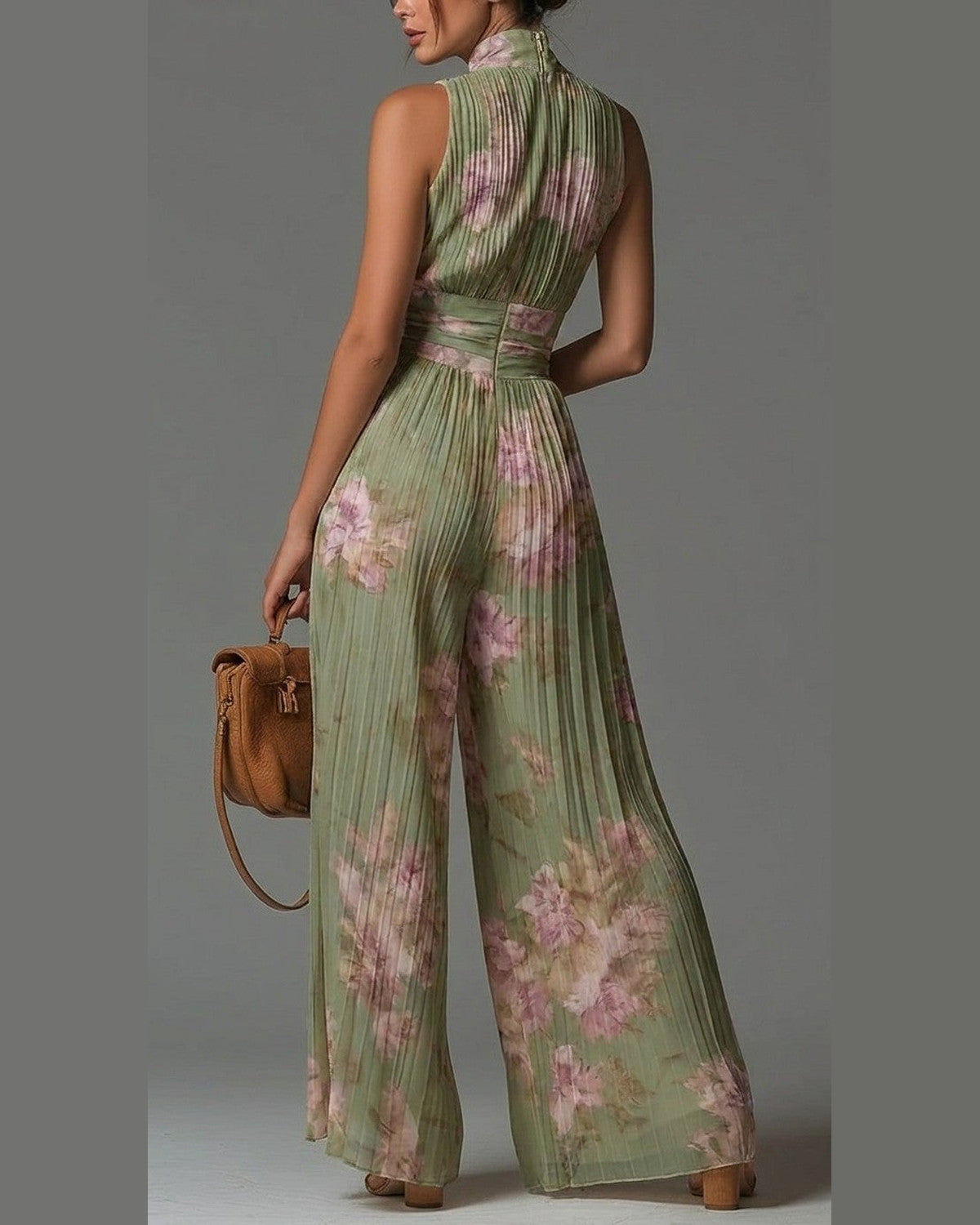 Aileann Floral Pleated Jumpsuit for Women - Chiffon Summer Jumpsuit - Green