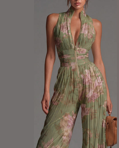 Aileann Floral Pleated Jumpsuit for Women - Chiffon Summer Jumpsuit - Green