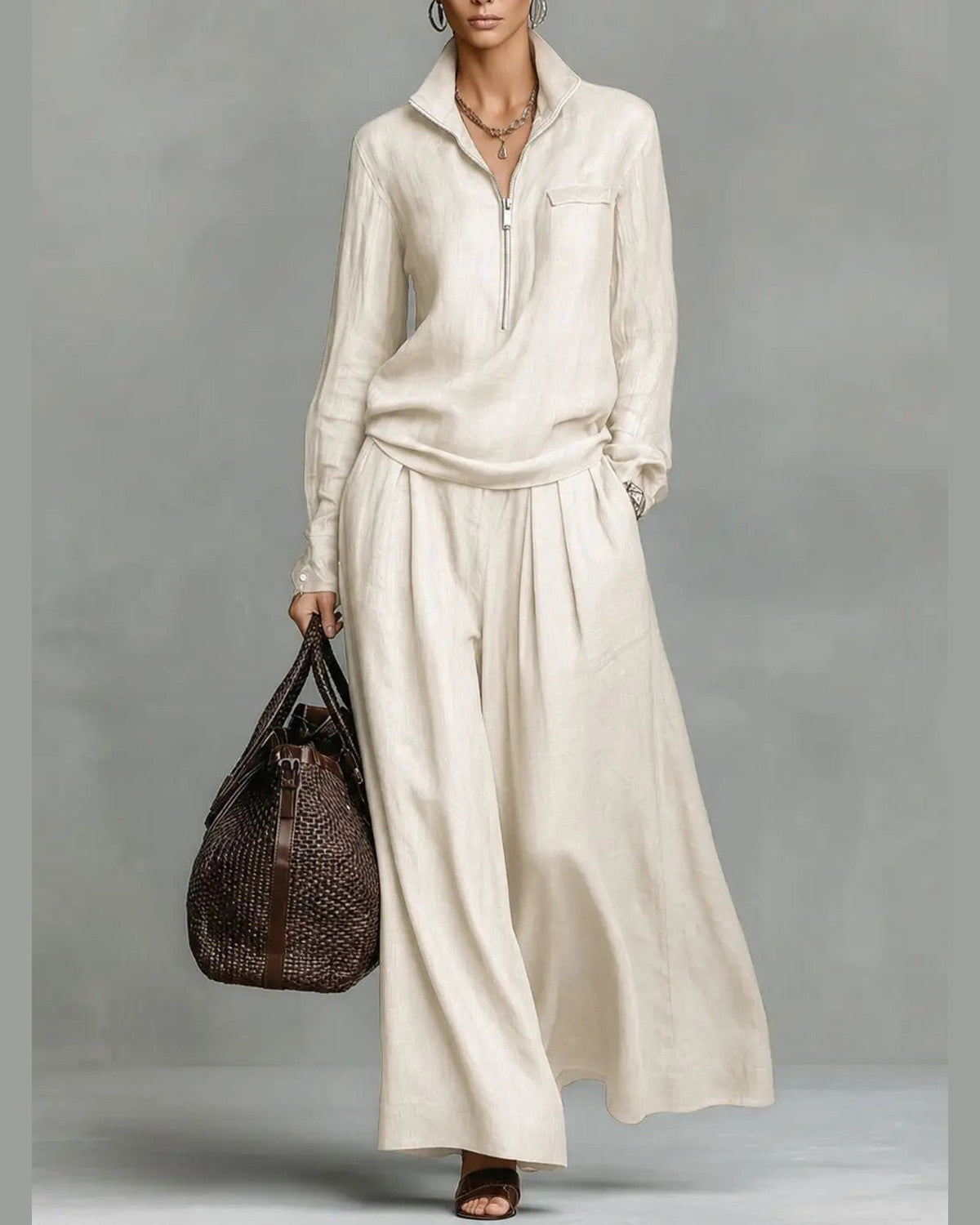 Alma Two-Piece Set for Women - Half Zip Collar Shirt & Wide Leg Pants Summer Set - Beige