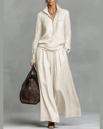 Alma Two-Piece Set for Women - Half Zip Collar Shirt & Wide Leg Pants Summer Set - Beige