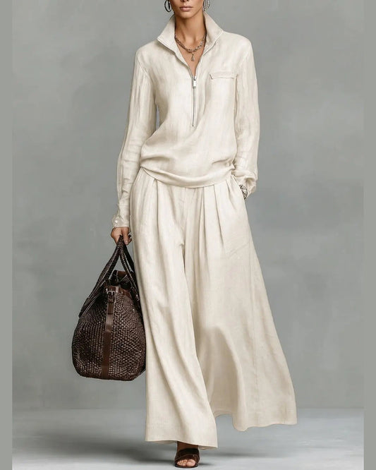Alma Two-Piece Set for Women - Half Zip Collar Shirt & Wide Leg Pants Summer Set - Beige
