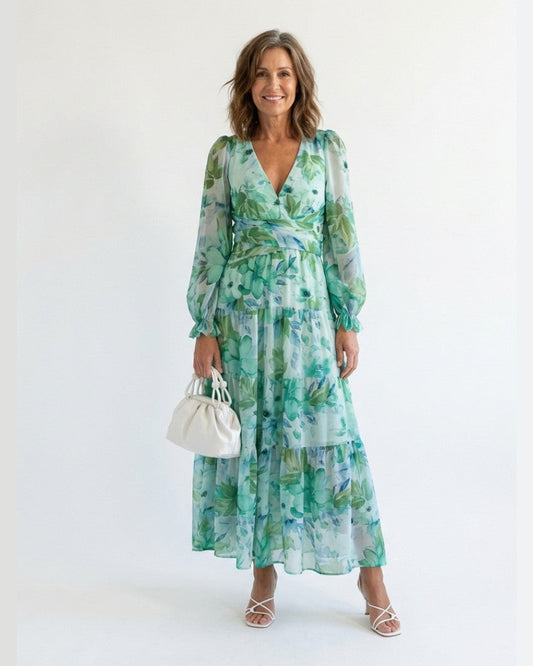 Althea Long Sleeve Maxi Dress for Women - Floral Summer Dress - Green