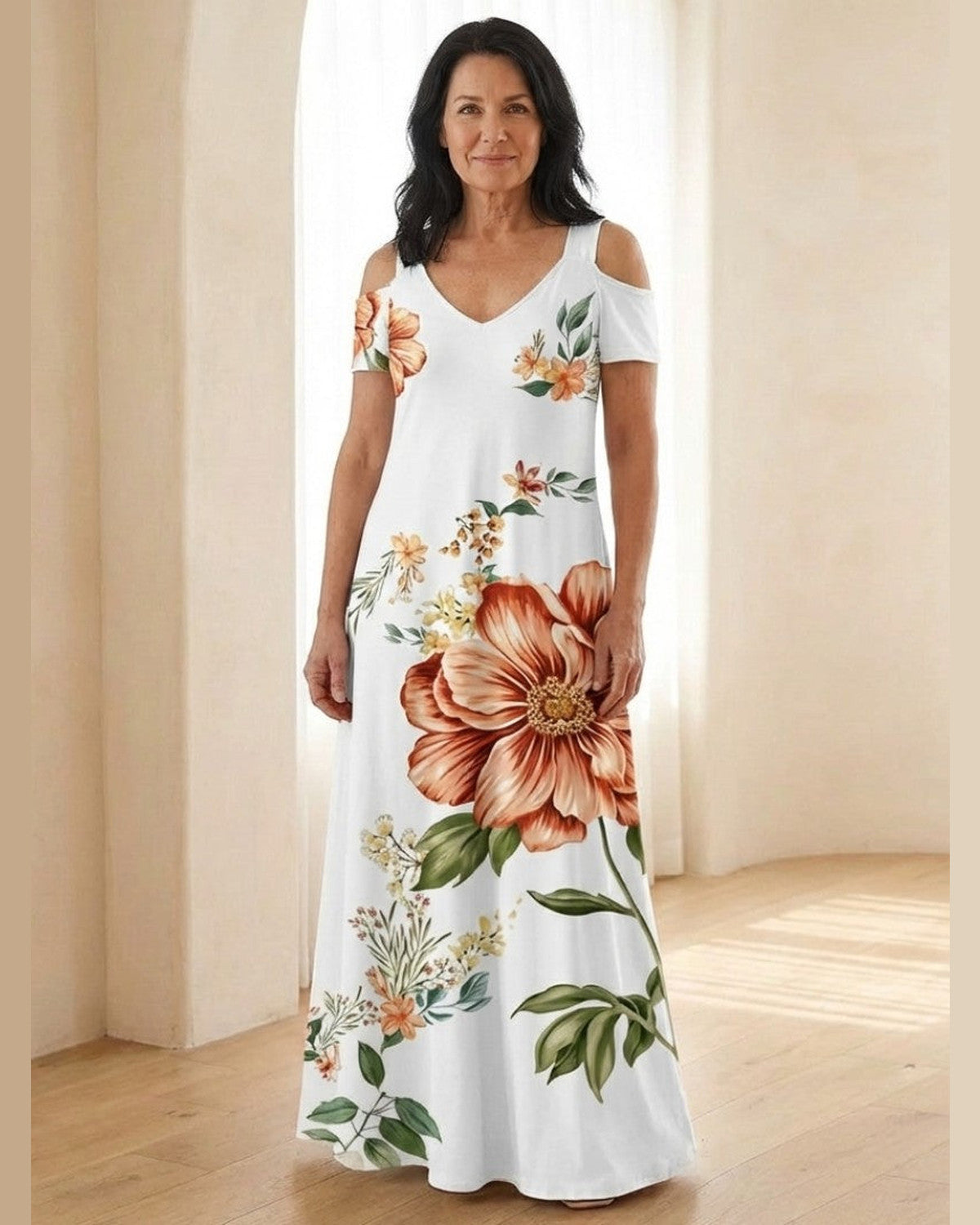 Amandine Floral Short-Sleeve Maxi Dress for Women - Summer Dress - White