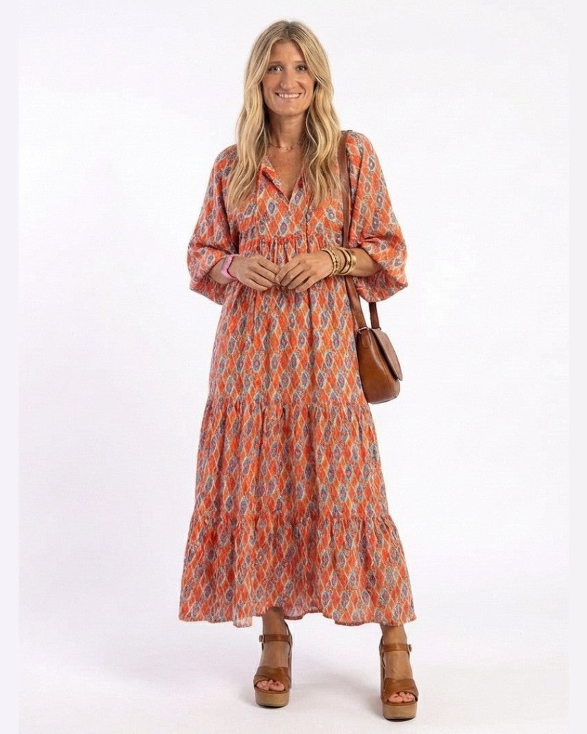 Amara Geometric Print Midi Dress for Women - V-Neck Three-Quarter Sleeve Summer Dress - Orange