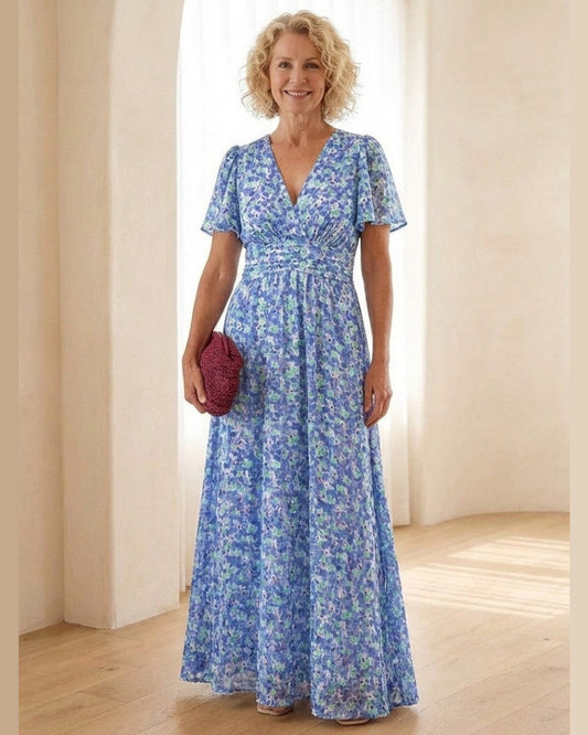 Ambika Floral Short-Sleeve Maxi Dress for Women - Summer Dress - Sky Blue