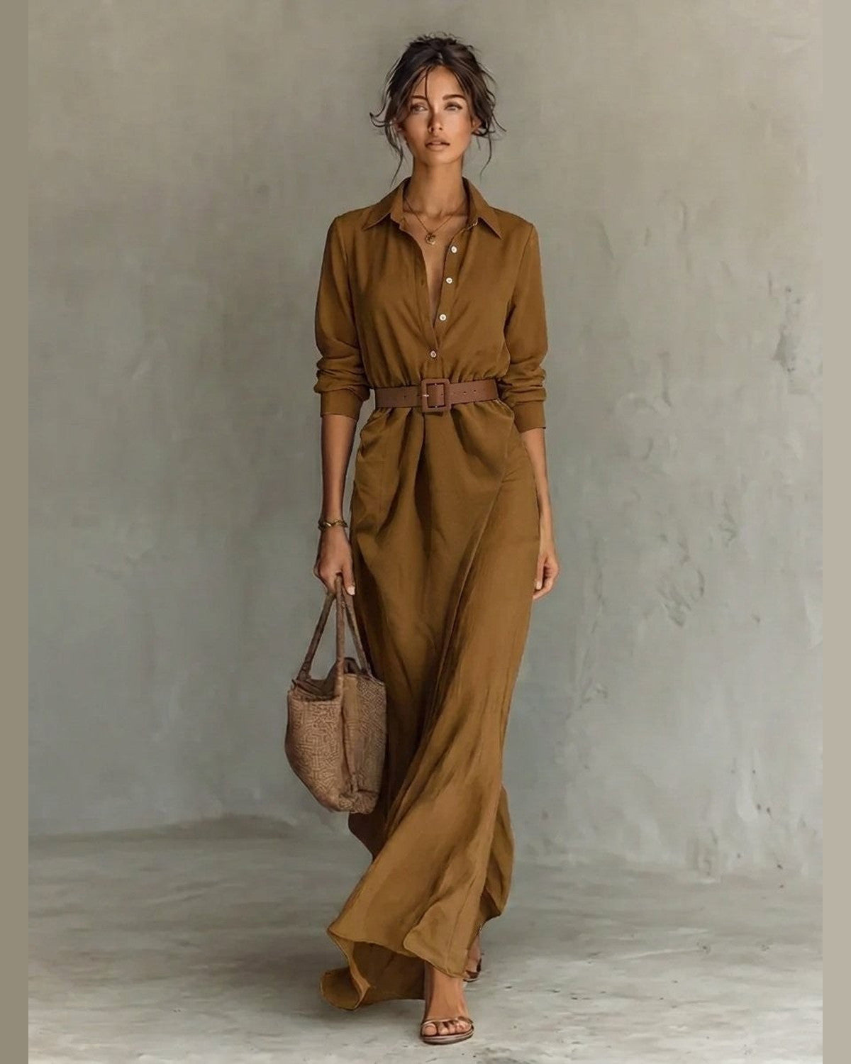 Amelia Belted Long Sleeve Maxi Dress for Women - Shirt Collar Flowy Summer Dress - Khaki