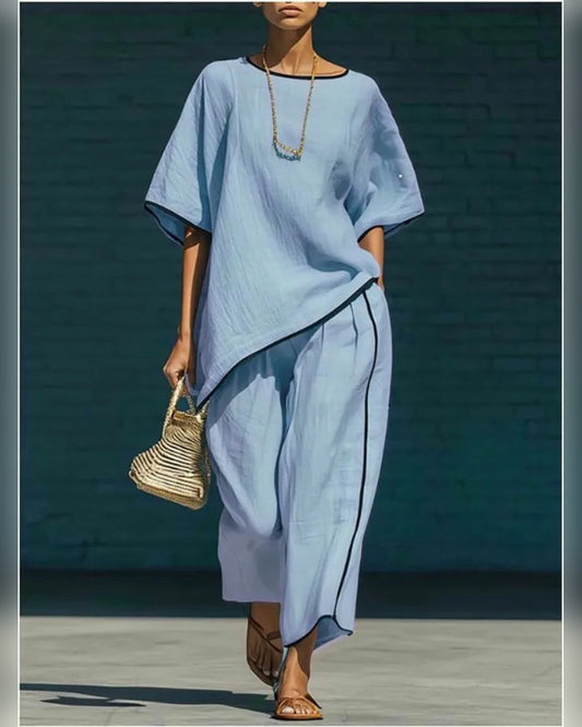 Anila Linen Two-Piece Set for Women - Short Sleeve Top & Cropped Wide Leg Pants Summer Set - Sky Blue
