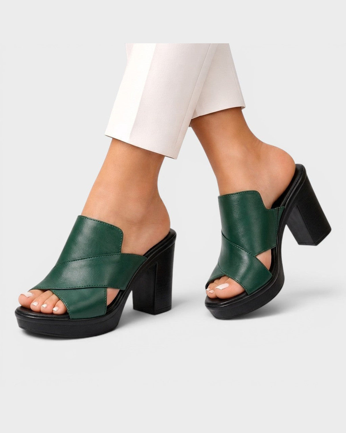 Annabelle Crossover Strap Block Heel Sandals for Women - Platform Mule Summer Sandals - Green