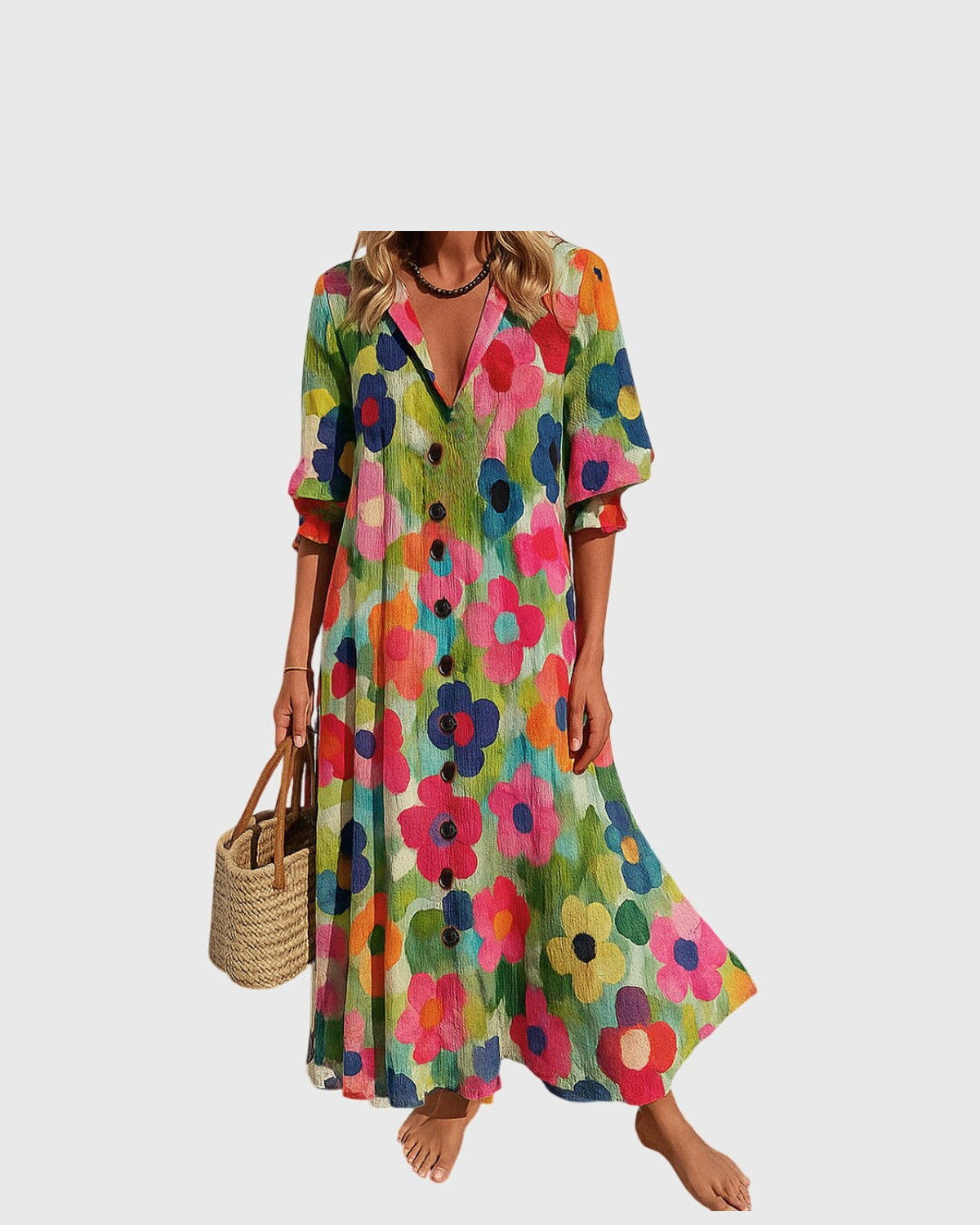 Anya V-Neck Floral Maxi Dress for Women - Button Front Summer Dress - Multicolour
