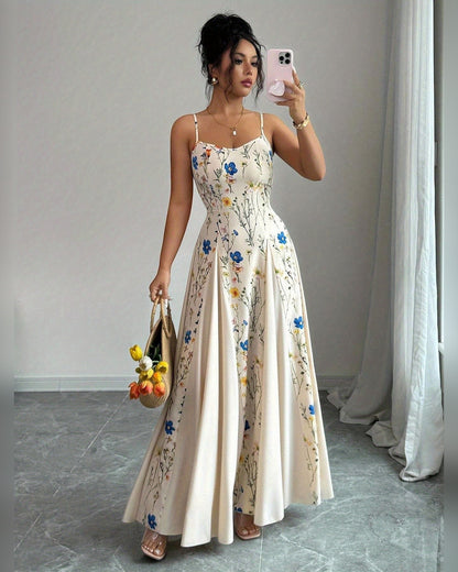 Arabella Floral Watercolour Maxi Dress for Women - Print Occasion Spaghetti Summer Dress - White