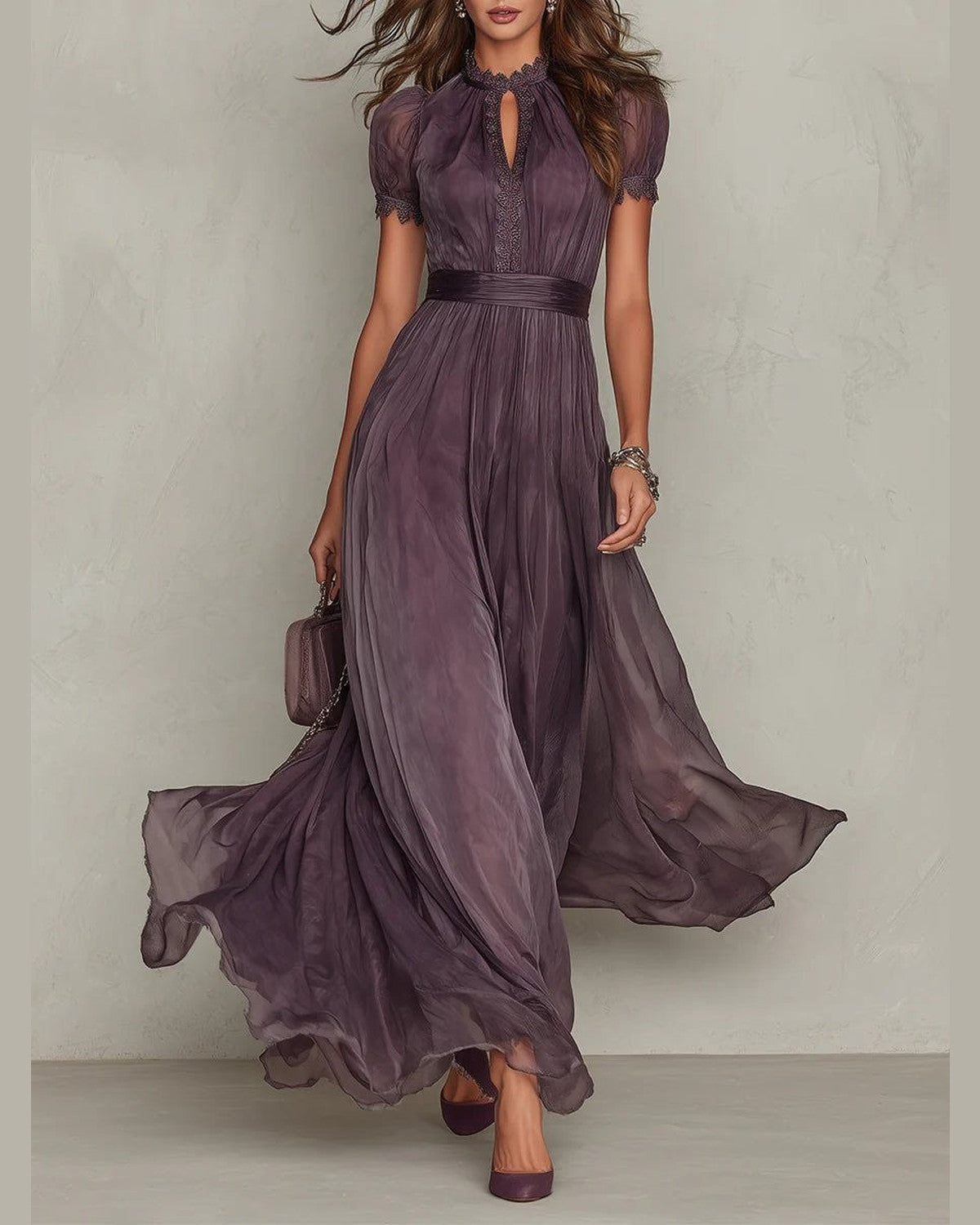 Ava Keyhole Neckline Maxi Dress for Women - Short Puff Sleeve Summer Dress - Purple