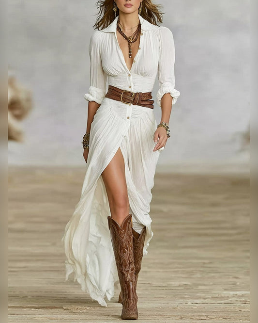 Berenice Bohemian Button Front Maxi Dress for Women - Summer Dress - White