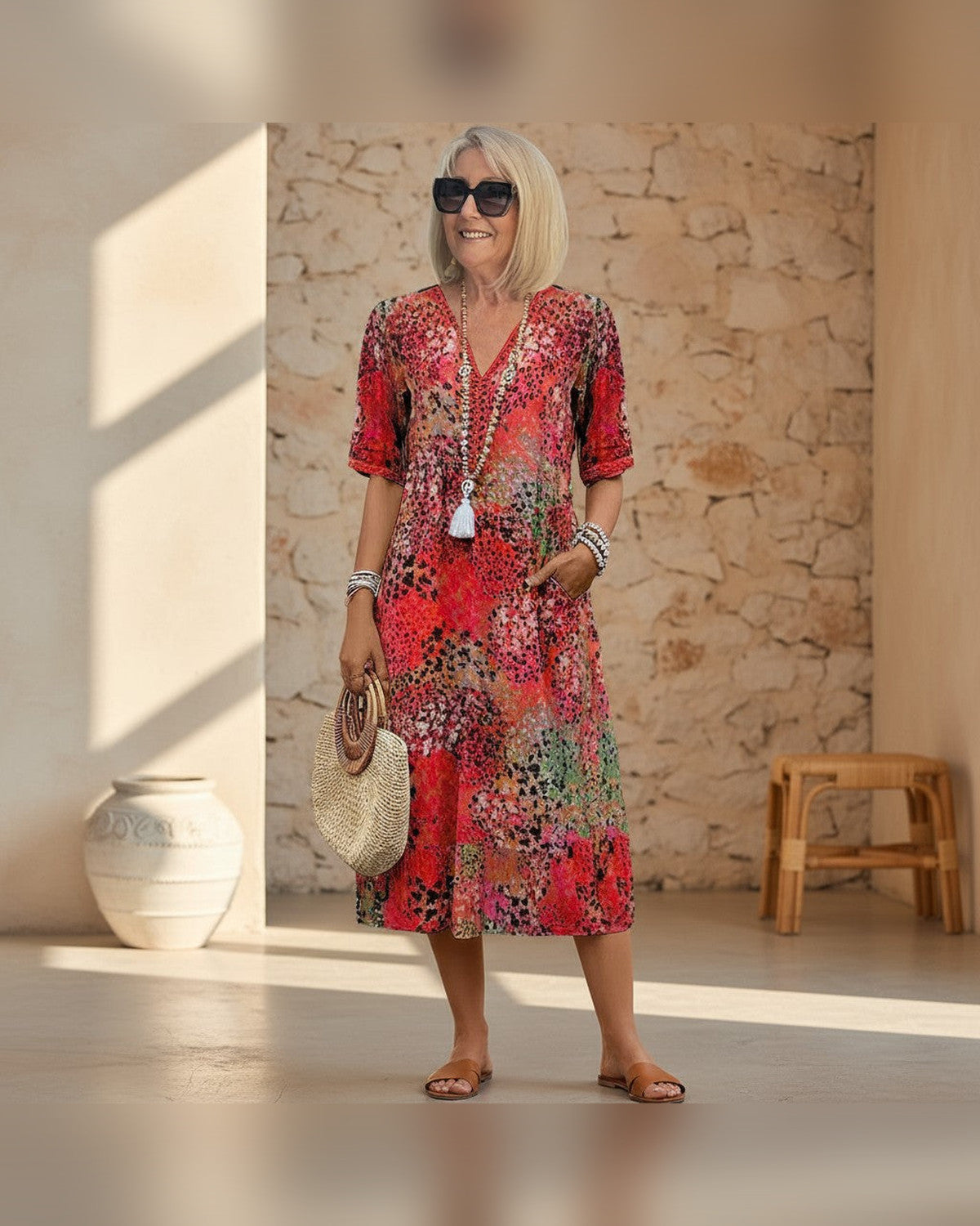 Bianca Relaxed Fit Midi Dress for Women - Floral Summer Dress - Scarlet Red