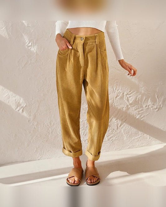 Birgitta Relaxed Corduroy Pants for Women - Tapered Leg Summer Pants - Yellow